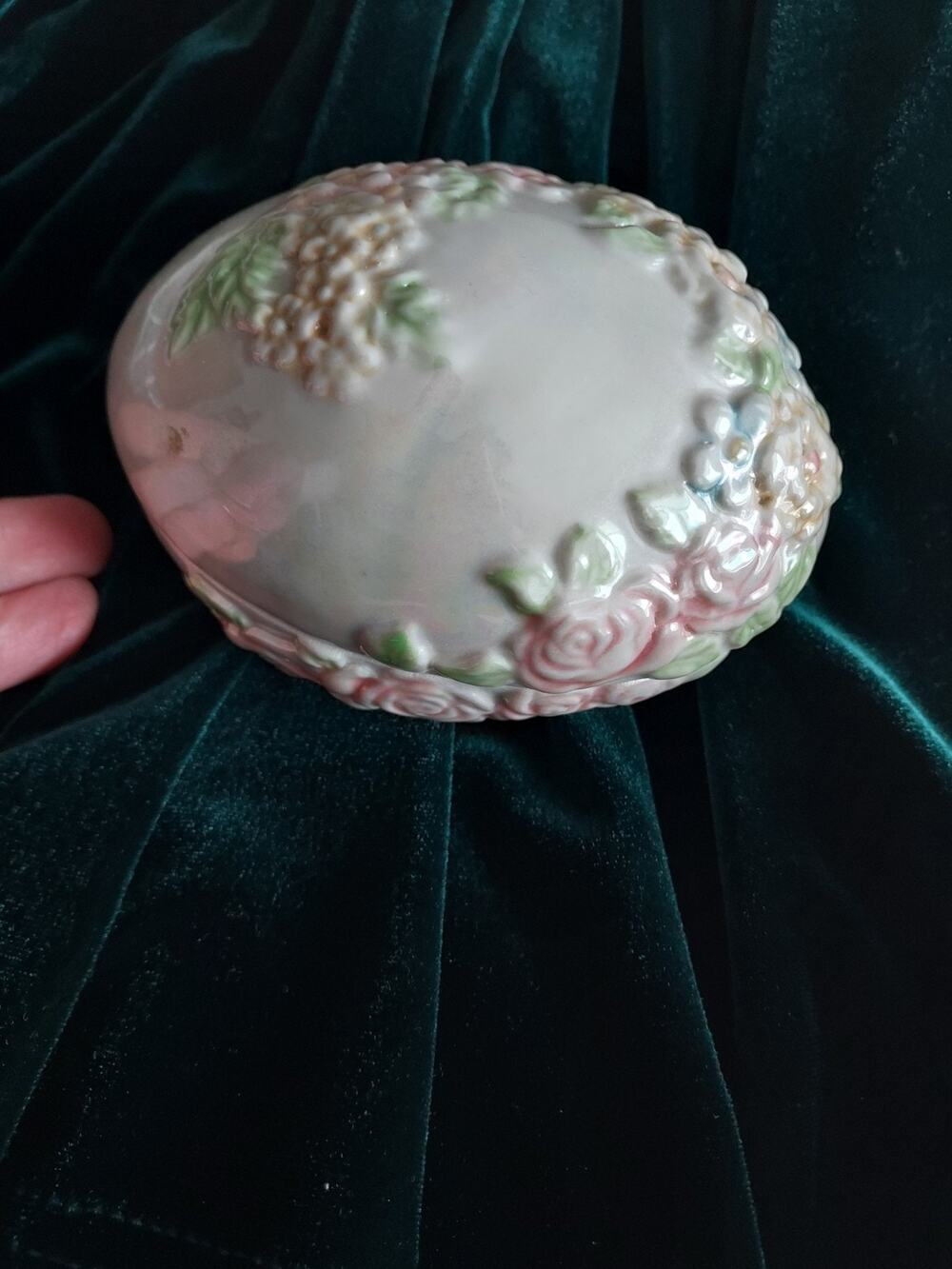 Enesco 2001 ceramic egg trinket box with lid muted colors EUC 5" long jewel box